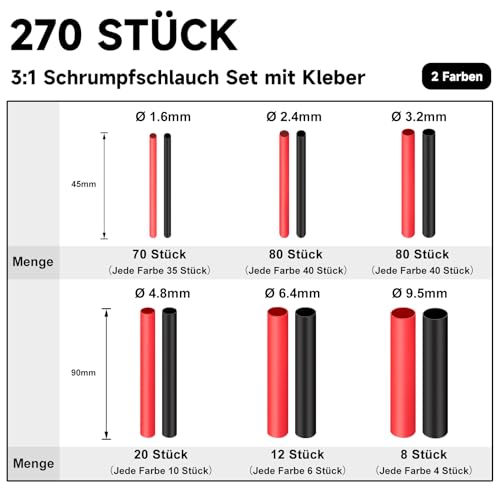 3:1 Heat Shrink Tube Set with Adhesive, 270 Pieces Heat Shrink Tubing Waterproof Black and Red, Diameter 1.6-9.5 mm for Electrical Insulation, Cable Repair and Cable Bundling