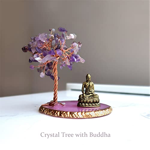 Buddha Statue with Healing Crystal Tree, Tree of Life for Positive Energy. Home Decor Yoga Meditation. Amethyst.(A) A