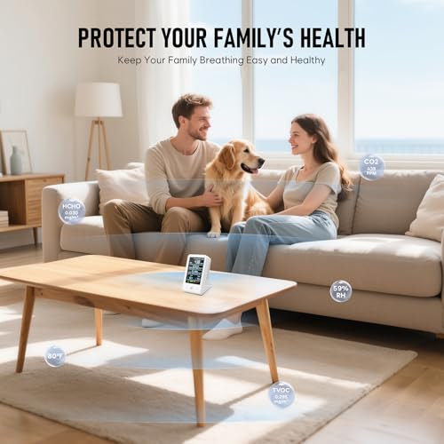 Dienmern 8-in-1 CO2 detector and indoor air quality monitor, white portable meter with temperature and humidity display