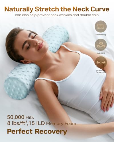 Memory Foam 5" Round Pillow, Cervical Neck Roll Pillow for Pain Relief Velvet Dots Blue 5"H