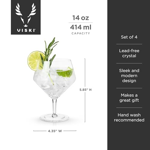Viski Angled Stemmed Gin & Tonic Glasses, Highball glasses, Cocktail Glasses, Vodka Tonic Glasses, Gin Glasses for Gin Lovers Gift set of 4 14oz
