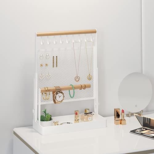 Jewelry Organizer Stand, Liftable Necklace Holder with Earring Organizer Net, 9 Hooks Necklaces Storage Wooden Handing Bar for Bracelets Watches Rings (White) White