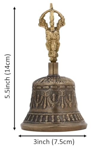 Purpledip Spiritual Buddhist Tibetan Brass Bell with Dorje Handle For Self Healing Meditation Prayer and Yoga, Religious Gift (10680) Medium