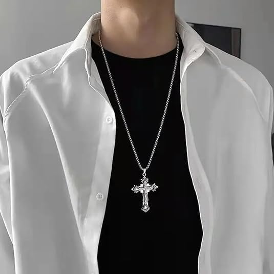 Elegant Silver Plated Crystal Cross Necklace Pendant Stainless Steel Chain Gothic Faith Jewelry for Women Religious Gifts
