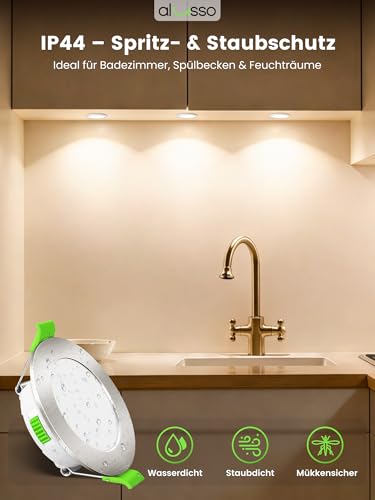 Alusso 12-24 V LED Recessed Ceiling Spotlight, IP44 Furniture Recessed Spotlight, Flat | 4 W, drill hole 55-68 mm and 29 mm flat, 3000 K warm white 4000 K neutral white, 6500 K cool white, nickel, set of 6 Nickel, Diameter 55-68 Mm