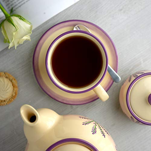 City to Cottage Handmade Lavender Floral Purple And Cream Large Ceramic 12oz/350ml Cappuccino Coffee Tea Cup and Saucer, Unique Designer Pottery Gift for Tea Lovers