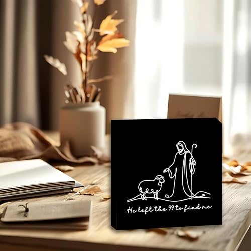 He Left the 99 to Find Me Christian Wooden Box Sign, Christian Gifts for Women Men, Jesus and Lamb Religious Bible Verse Wood Block Sign for Home Office Desk Shelf Table Decor, 5x5 Inch white -R