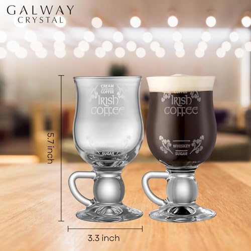 GALWAY Crystal Irish Coffee Glass Set, 5.7" H x 3.3" W Clear Glass Coffee Mugs for Lattes and Specialty Drinks, Set of 2