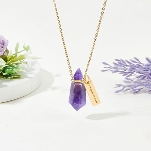 Cremation Gold Urn Necklaces for Ashes for Women Men Natural Crystal Gemstones Keepsake Jewelry Memorial Urn Locket for Human Ashes Holder Gold Purple