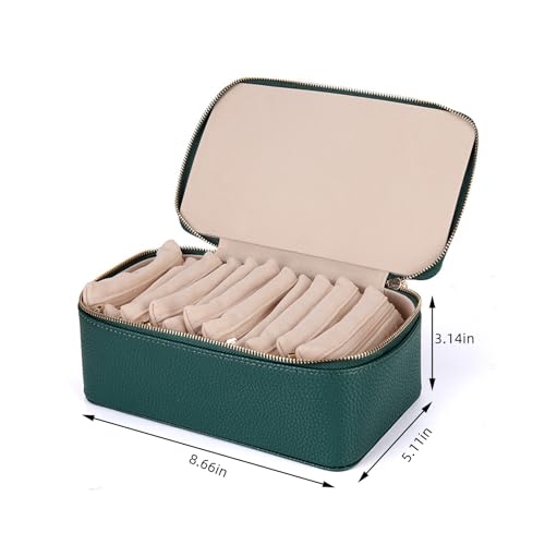 NCONCO Travel Jewelry Box, Portable PU Leather Travel Jewelry Organizer with 12pcs Velvet Bags Compact & Lightweight Travel Jewelry Case for Necklaces Rings Earrings Sorting Storage Dark Green