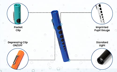 [Australia - AusPower] - Primacare DL-9224 Pack of 6 Disposable Diagnostic Penlight with Imprinted Pupil Gauge, Lightweight and Moulded Plastic Body Medical Pen Light for Nurse, Student, Doctors EMT, Multicolor 