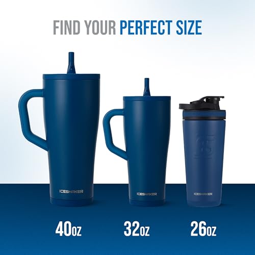 Ice Shaker 32 oz Tumbler with Handle and Straw | 32oz Navy | Cold for 30+ Hours | 2-in-1 Tumbler Shaker Bottle | Odor-Free 32 ounce Bottle for Water, Protein Shakes, Smoothies, Cocktails