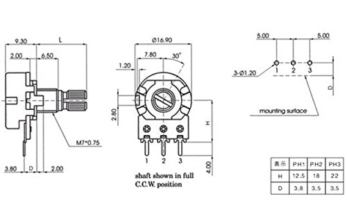 B20K 20K Ohm Adjustment Single Linear Rotary Taper Potentiometer Shaft 15 mm Pack of 10