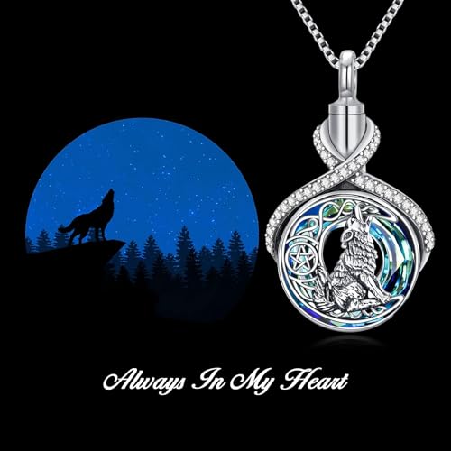 TOUPOP Wolf Urn Necklace Sterling Silver Crystal Urn Necklace for Ashes Cremation Jewelry for Ashes Memory Jewelry for Women Blue Crystal