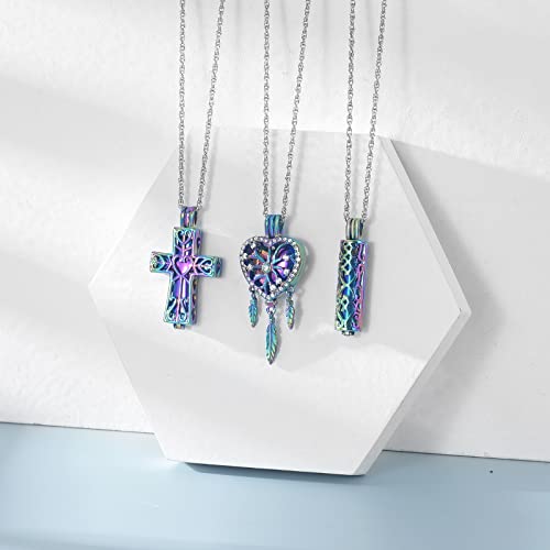 shajwo 3 Pack Cremation Urn Necklace for Ashes for Women Men Heart Lotus Cross Cylinder Cremation Jewelry for Ashes Loved One Memorial Keepsake Pendant Heart-Rainbow 2