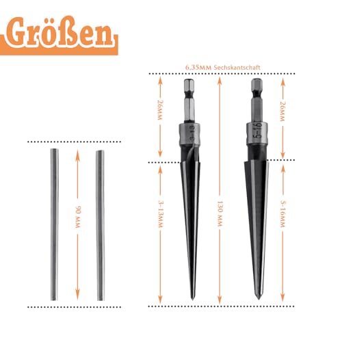 Treki Pack of 2 Handy Tapered Reamer with T-Handles Steel Taper Reamer for Drilling Hole 3-13 mm and 5-16 mm, Cone Hand Reamer with Hex Shank for Guitar Woodworker Drilling Tool