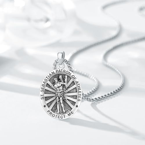 St Sebastian Medal Necklace for Men Women, 925 Sterling Silver Patron Saint Medal Necklace Catholic Protection Pendant Amulet Religious Jewelry Gifts Silver St. Sebastian