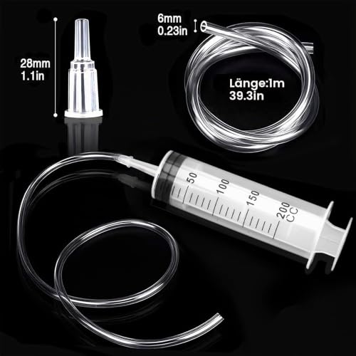 Large Syringe 200 ml with Hose and Stopper | Plastic Syringe Reusable Liquid Syringe for Laboratory, Industrial, Garden and Pet Feeding, White
