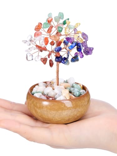 GEHECRST Chakra Crystal Tree Natural Healing Crystals Gemstone with Ceramic Base Handmade Stone Feng Shui Bonsai Money Tree for Wealth Good Luck Home Office Decor Crystal Gifts