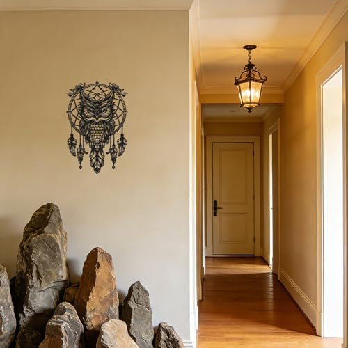 Matte Black Owl Dreamcatcher Metal Wall Art, Indian Boho Spiritual Decor