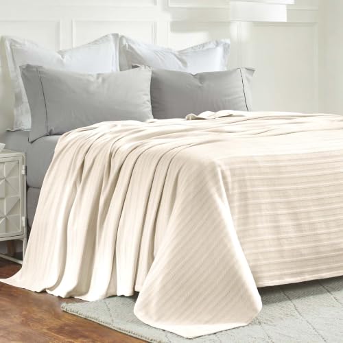 SUPERIOR Clara Cotton Blanket, for Picnic, Beach, Traveling or Camping, Bedroom Decor, Essentials, Cover for Bed, Couch, Lounging, Textured Jacquard, Striped Woven Blanket, Throw, Ivory