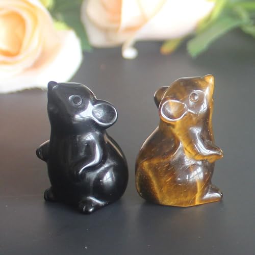 Hand Carved Mixed Gemstone Crystal Mouse Rat mice Figurine Animal Carving Statue Office Home Decor 1.5'' (Gold+Black) Gold+black