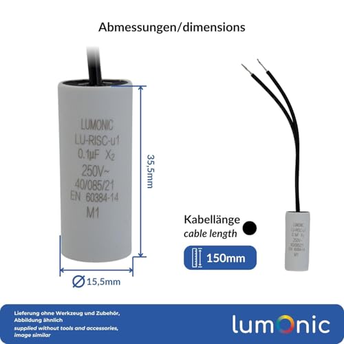 Lumonic I Suppression Capacitor 0.1µF 250VAC I 15 x 35 mm I -40 to +85°CI 2 Connection Cables I 0.1uF I EMC Capacitor I for Household Appliances, Power Tools, Building Technology, Industrial Applications, LED