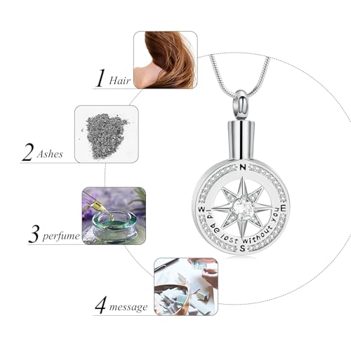 I'd be lost without you - Cremation Jewelry for Ashes Pendant - Compass Urn Necklace with Mini Keepsake Urn Memorial Ash Jewelry Loved One Silver