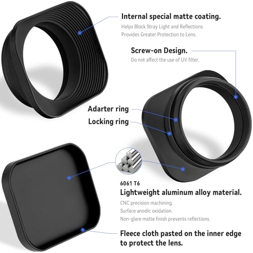 Haoge LH-E3T Square Metal Lens Hood with 49mm Adapter Ring with Cap for Fujifilm Fuji FinePix X100 X100S X100T X70 X100F X100V Camera Replaces Fujifilm LH-X100 AR-X100 LH-X70 Black