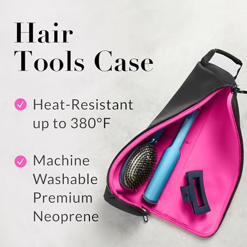 KUSSHI Travel Hair Tools Case - Heat Resistant, Machine Washable Neoprene Hair Accessories Case For Hot Tools, Flat Irons and Airwrap-Style Tools (Black/Pink) Black/Pink
