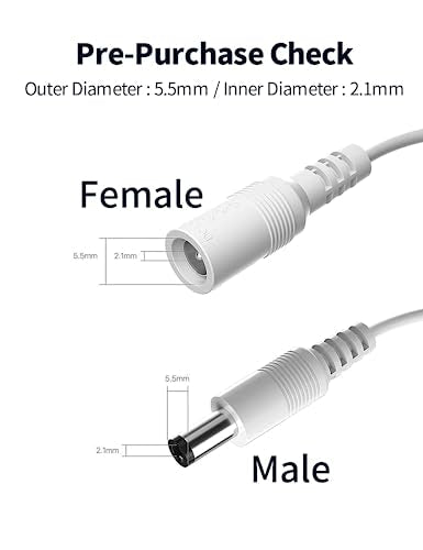 TONTON DC Extension Cable 5 Metres, DC 12 Volt Power Supply Adapter Cable, 2.1 mm/5.5 mm DC Plug Extension, Additional 5 Metres 15 ft Length for DC 12 V Power Supply Surveillance Camera Charger, 5 m (Pack of 1) White