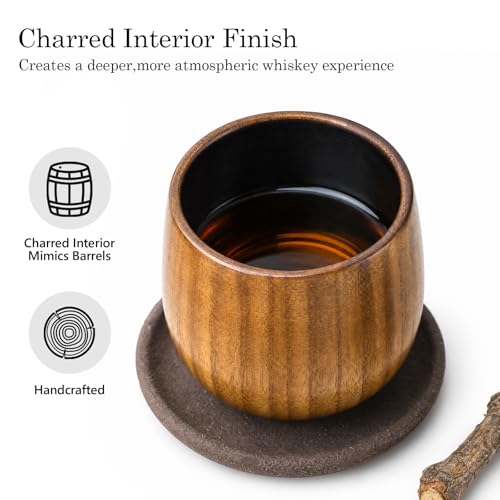 Wooden Whiskey Glass, Solid Wood Bourbon Tumbler with Charred Finish, Adds Subtle Wood Aroma, Old Fashioned Cup for Bourbon Scotch Rye, Unique Whiskey Gifts for Men Dad Husband (2) 2