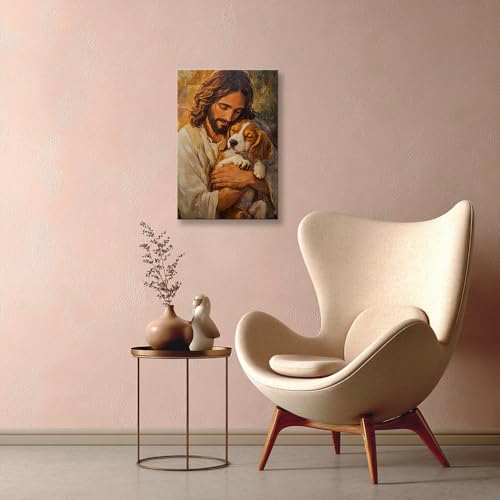 Anypicrt Jesus Poster Framed Jesus Hugs Beagle Dog Wall Art Religious Canvas Painting Picture Prints Pet Modern Wall Decor for Room 12"L x 8"W