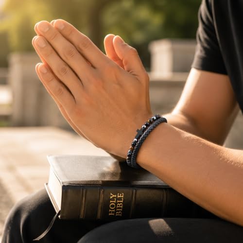 VNOX Rosary Bracelet for Men with Hematite,Mens Christian Cross Bracelet JOSHUA19