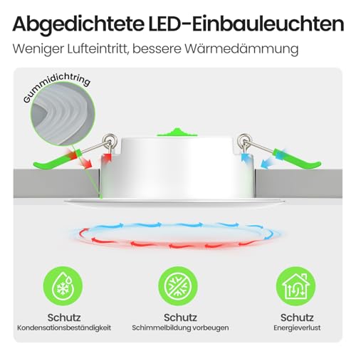 ALUSSO Metal LED Recessed Spotlight, 230 V, Dimmable, Ceiling Spotlights, Bathroom Spotlights | 68-75 mm 5 W 550 lm IP65 3CCT, ultra-flat 27.7 mm, airtight insulation coverable, IC rated, white, set of 6 Round White, Set of 6 5W, Ausschnitt Ø68-75mm