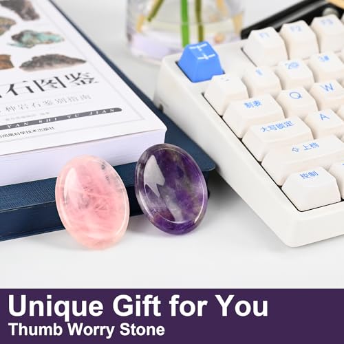 WHAL&YUNE Rose Quartz Amethyst Thumb Worry Stone for Anxiety, Healing Crystals Natural Oval Gemstone Meditation Reiki Balancing Accessories Gift for Stressed People- 1.8 inches
