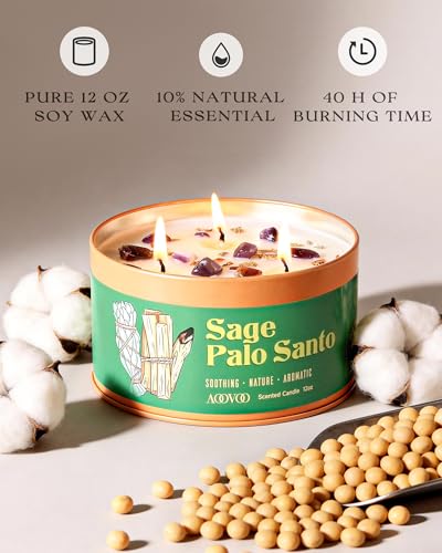 AOOVOO Sage & Palo Santo Candle for Cleansing - 12oz Crystal Scented Candle Sage&Palo Santo