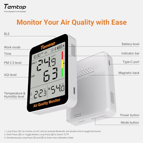 Temtop S1+ Air Quality Meter PM2.5, AQI, Temperature and Humidity, Ultra Long Battery Life of 100 Days, Thermohydrometer with App Connection, Ideal for Home and Office S1+ (Extended Standby - 100 Days + App)