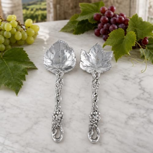Arthur Court grapevine salad serving set with 11-inch aluminum fork and spoon, elegant flatware for entertaining.