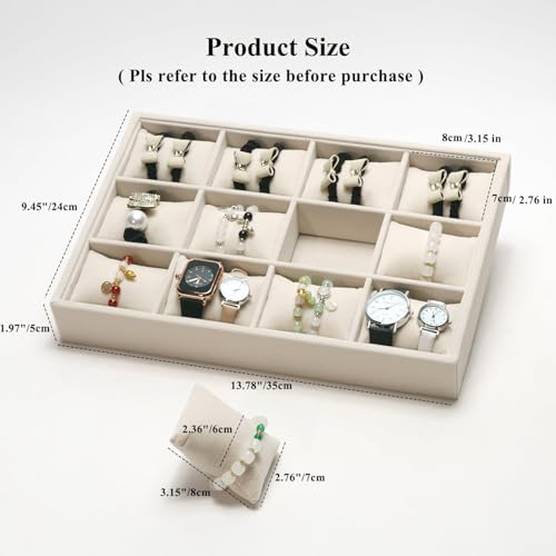 Jewelry Watch Tray, Beige Velvet Watch Jewelry Organizer 12 Grid, Stackable Watch Bracelet Bangle Display Holder, Adjustable Pillows, for Man Woman Show Birthday