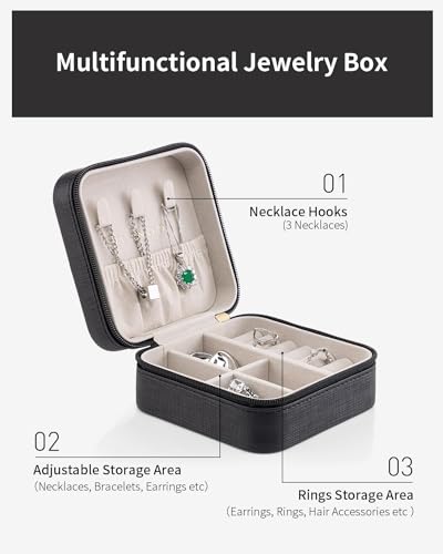 VLANDO Travel Jewelry Case, Compact Design, Necklace Hook, Anti-Tangle D.Black 6