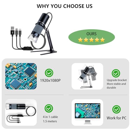 1080P Handheld Digital Microscope, Portable USB Microscope with 50-1000X Magnification and Adjustable Stand, Compatible with iPhone, Android, Mac and Windows PCs