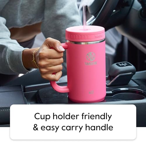 Takeya Stainless Steel Tumbler with Handle and Straw (40 oz, Onyx) - Insulated Water Bottle with Straw for Water & Iced Beverages 40 Ounces
