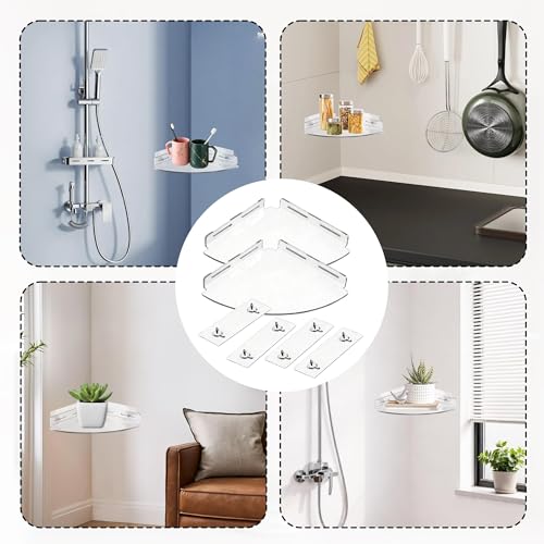 Two acrylic corner shower caddies from MOSIOBERDAVIAN, no-drill bathroom shelves, ideal for organizing toiletries.