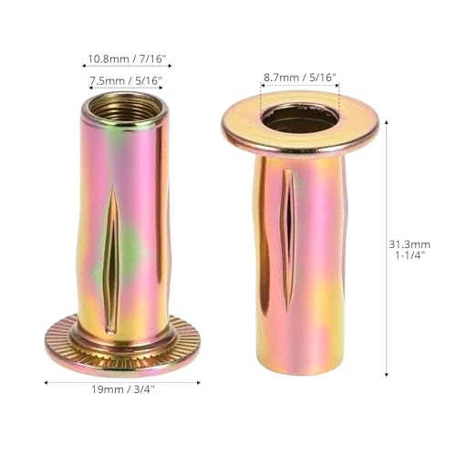 QWORK 5/16-18 multi-grip rivet nuts, flat head threaded inserts with gold zinc finish and pre-bulbed shank