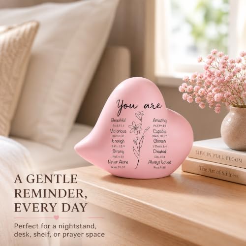 Pink Ceramic Heart Figurine, Christian Gift for Women, 4 Inch