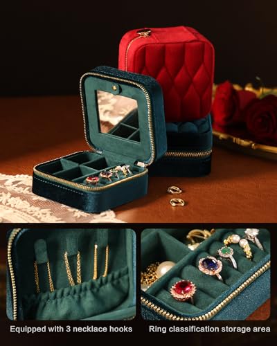 Velvet Jewelry Box – Travel Jewelry Case Organizer with Mirror, Adjustable Compartments for Women | Luxury Storage Case & Gift for Her - RubyRed
