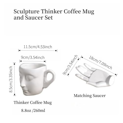 Sculpture Coffee Mug with Saucer Unique Artistic Ceramic Cup Set for Coffee Tea Lovers Gift 8.8oz White Black Silver (white)