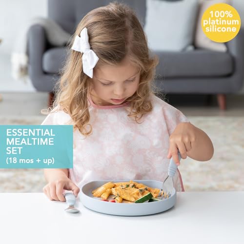 Bumkins - Silicone Grip Plate, Fork & Spoon & Lid - For Ages 18 Months+ - Suction Base - 100% Food-Safe Silicone - Oven, Microwave, Freezer, & Dishwasher Safe - Gray