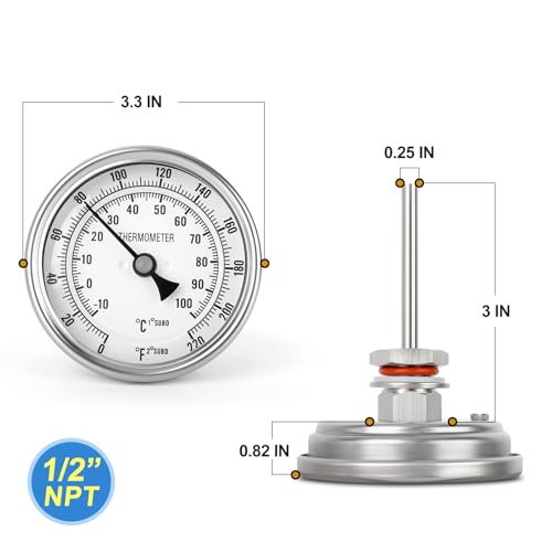 MEANLIN MEASURE 3.3-inch bimetal dial thermometer with 3-inch stainless steel stem and center back mount